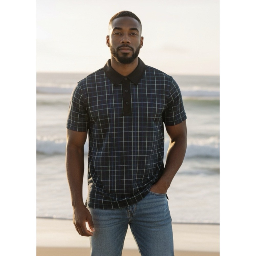 Extracurricular Men's Golf Polo Performance Stretch Navy Plaid Polo Size L
